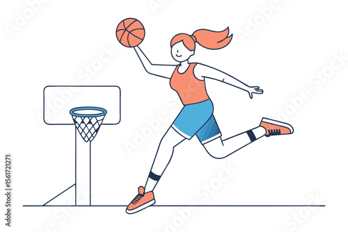 Basketball Player's Dunk: A dynamic illustration of a female basketball player executing a slam dunk, showcasing athleticism and grace in a sports-themed visual.