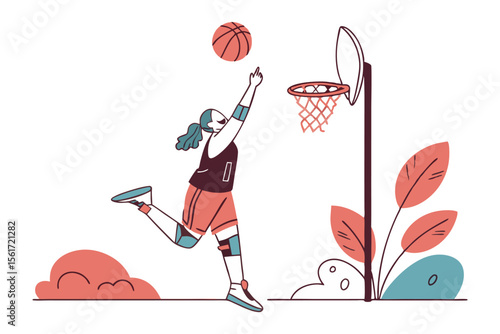 Slam Dunk Illustration: A determined female athlete demonstrates prowess with a basketball in mid-air as she aims for a slam dunk, perfect for sports design.