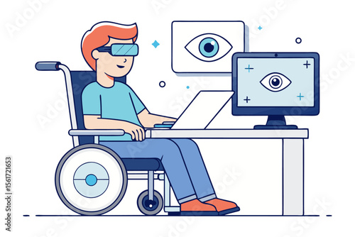 Virtual World Interaction: A person with accessibility needs, comfortably seated in a wheelchair, engages with a virtual reality environment, highlighting technological innovation.