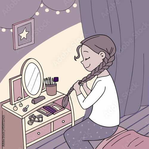Illustration of a girl braiding her hair while sitting at a vanity in a softly lit bedroom space