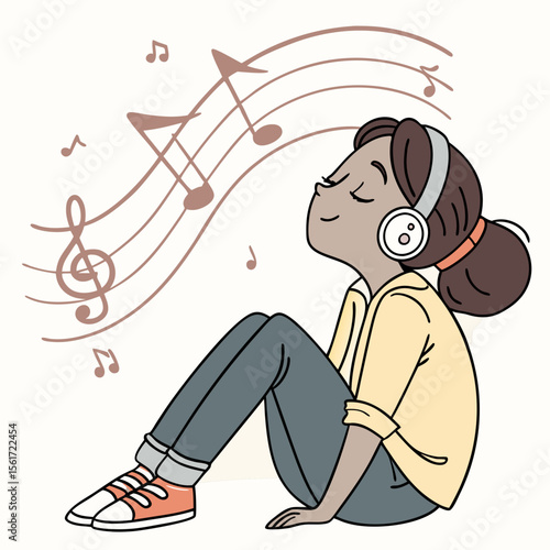 A cartoon of a woman sitting with headphones listening to music notes floating around her head space now