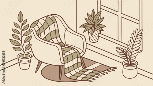 Illustration of a cozy room with an armchair, plants, a window, and a checkered throw blanket displayed