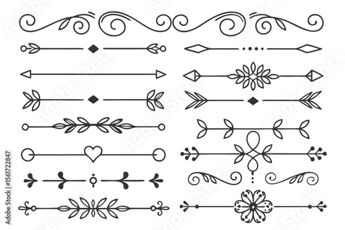 Elegant Hand-Drawn Divider Elements Featuring Floral Arrows and Curved Swirls in Black Vector. Vintage Decorative Borders for Invitations and Layout Projects.

