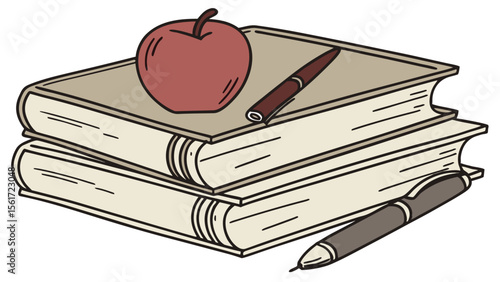 Illustration of a stack of books with a pen and an apple resting on top of the uppermost book stack
