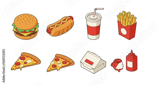 Illustration featuring various fast food items, including a burger, hotdog, pizza, and fries.