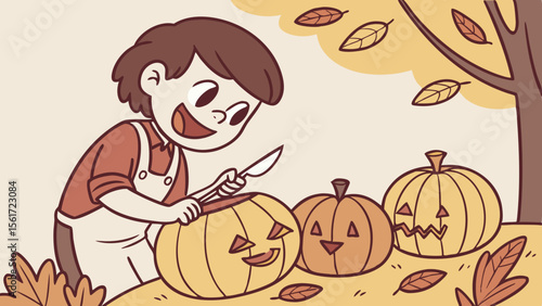 A young boy carving a pumpkin with a knife, surrounded by other pumpkins and fall leaves in autumn scene