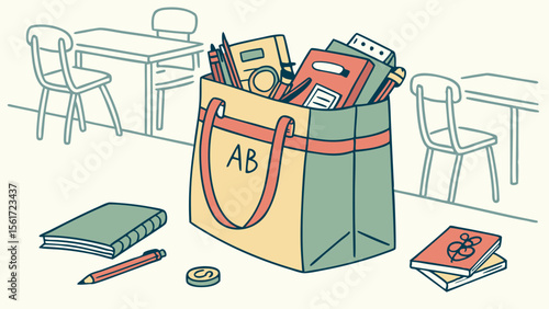 Illustration of a school bag filled with books and stationery in a classroom setting with desks and chairs