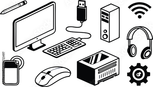 Contemporary black and white computer equipment design showcases various essential digital technology components for modern workspaces.