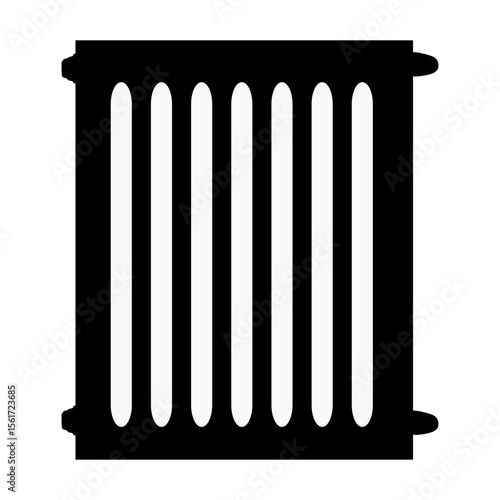 Black radiator icon in flat style. Symbol of heating, temperature control, and home warmth. Suitable for HVAC systems, energy, winter, or interior-related themes.