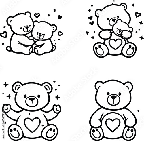 Romantic Teddy Bear Silhouette Set Featuring Heartfelt Poses and Affectionate Gestures