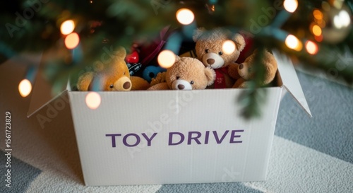 Holiday Season Toy Drive Collection Box Filled with Stuffed Animals and Christmas Lights