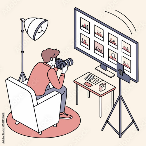 A photographer taking pictures of a monitor displaying photos while sitting in a chair with a lamp nearby