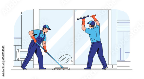 Skilled professionals meticulously cleaning large glass windows with specialized tools ensuring a pristine and spotless appearance