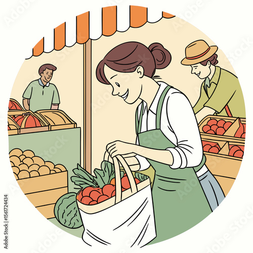 Woman shopping at a farmers market filling a tote bag with fresh produce and vendors in the background