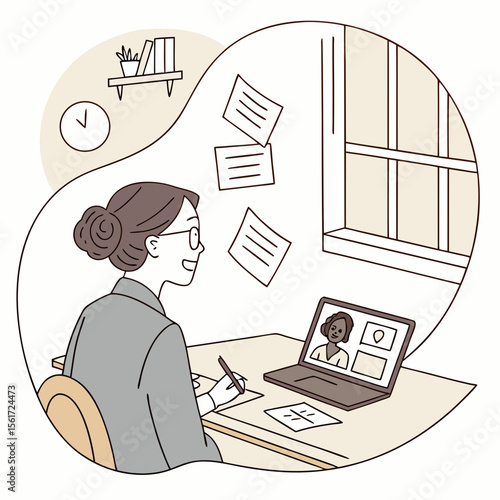 Woman attending a video conference on laptop while taking notes at a desk with window and floating papers