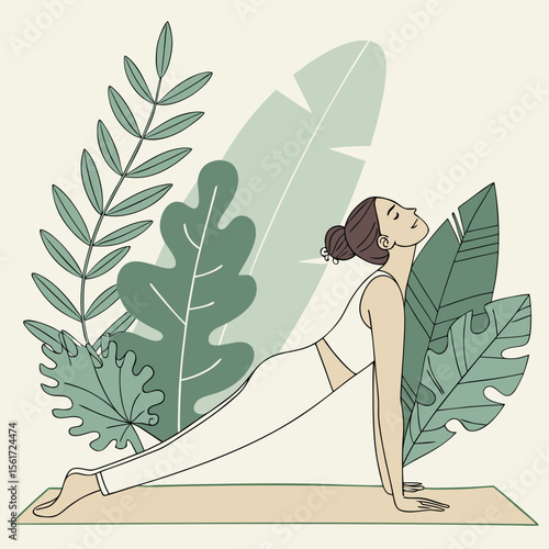 Woman in yoga pose with plants in the background wearing white outfit on a yoga mat in a studio setting