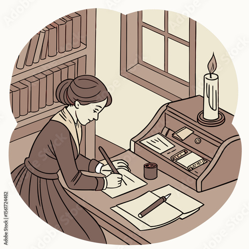 Woman writing at desk with candle, inkwell, papers, and books in a vintage style illustration