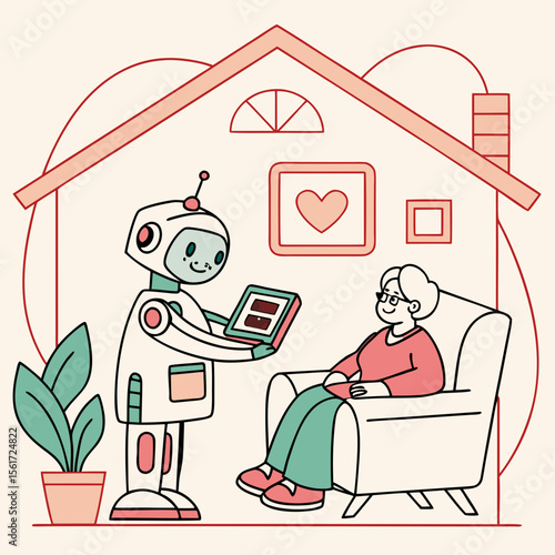 Robot assisting elderly woman with tablet in cozy home environment illustration with heart decor