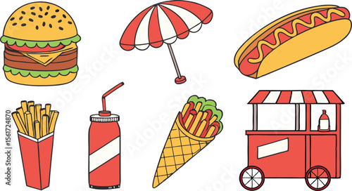 Delightful fast food elements make a creative graphic set perfect for restaurant menus or designing eye-catching icons