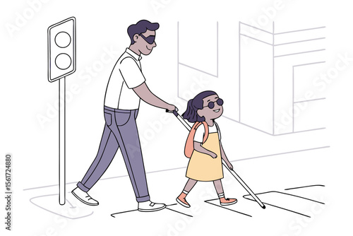 Navigating with Compassion: A heartwarming illustration capturing a man guiding a child across a city crosswalk, emphasizing care and assistance for those with visual impairments. 