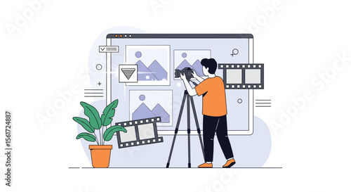 Illustrating the creative process of digital content creation and video production with modern technology and artistic skill
