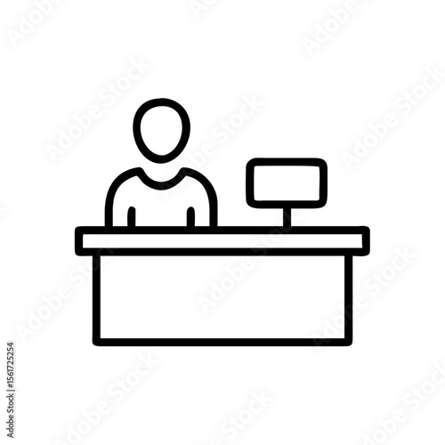 Person sitting behind a desk with a computer monitor in a simple line drawing style illustration image
