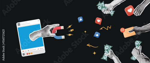 Social Media Influence and Monetization Concept Halftone Cutout Collage