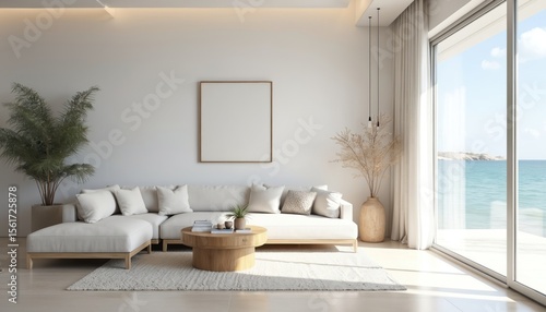 Fototapeta Naklejka Na Ścianę i Meble -  Minimalist coastal living room interior design. White sofa, wooden coffee table, rug, green plant. Ocean view through large windows. Bright, airy space, modern decor in apartment, beach house.