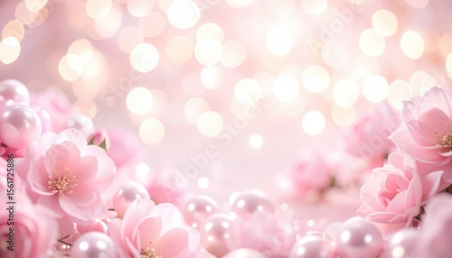 Delicate pink flower arrangement with pearls studio setting floral photography soft bokeh background aesthetic focus