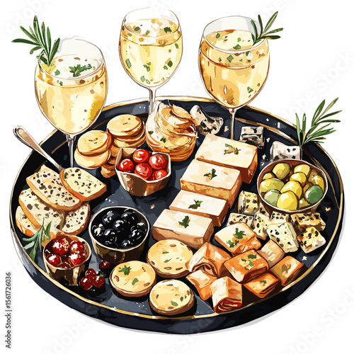 Cheese and cracker platter with drinks and olives on black tray  