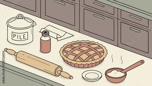 Illustration of a kitchen counter with baking ingredients and finished pie under cabinet storage units