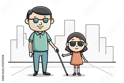 Visually Impaired Duo: A heartwarming illustration of a visually impaired father and daughter, confidently walking together, showcasing their bond and resilience.