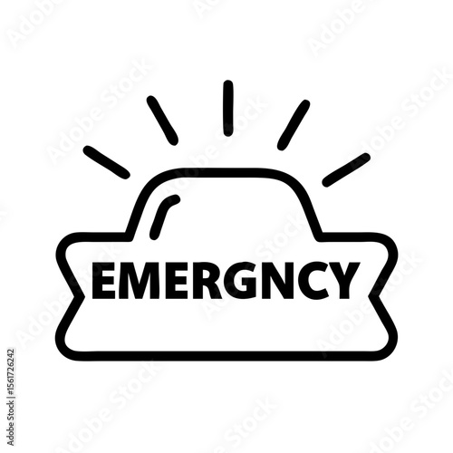 Emergency sign with flashing lights and bold text in black and white simple vector graphic style design