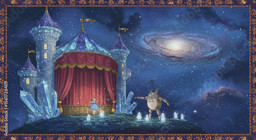 Dreamlike Stage with Crystal Castle and Galactic Backdrop for a Magical Performance