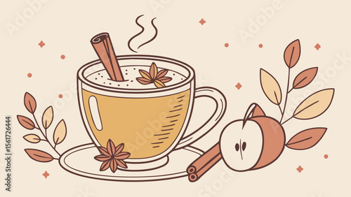 Illustration of a steaming mug with cinnamon stick and star anise next to apple and leaves decor
