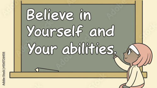 Illustration of a girl pointing to a chalkboard with the message believe in yourself and your abilities
