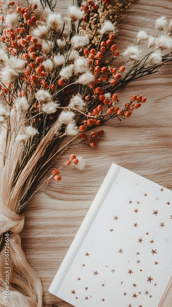 Obraz premium Dried Flower Bouquet & Starry Notebook Flatlay Photography