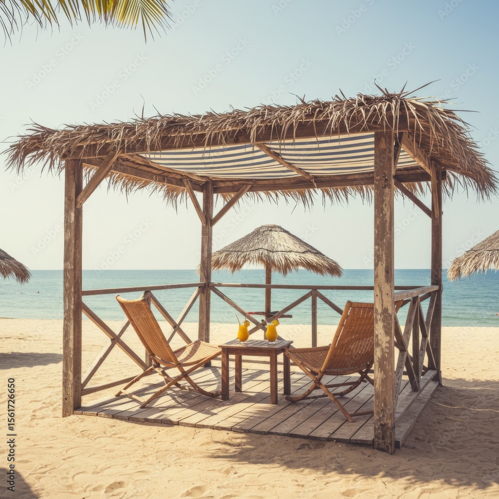 Fototapeta premium Tropical Beach Gazebo with Two Chairs and Drinks