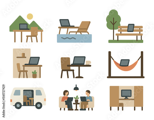 Flexible Work Icons. Flat icon set of flexible work locations: mountain view desk, poolside laptop, home