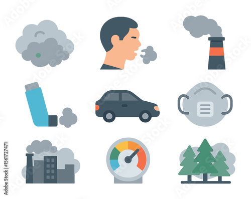 Air Pollution Icons. Flat icon set of air pollution effects: smog cloud, coughing person, industrial chimney,