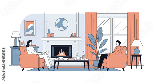 Cozy Living Room Scene Illustrating Relaxation and Companionship by a Warm Fireplace