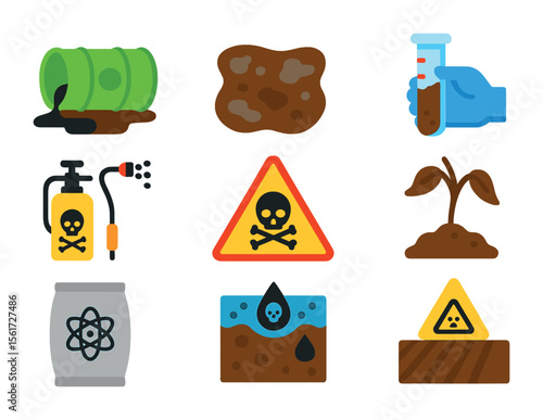 Soil Contamination Icons. Flat icon set of soil contamination: leaking barrel, discolored ground, soil test,