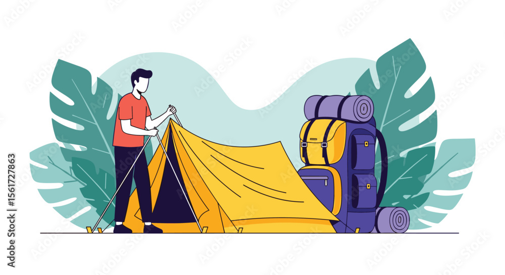 Obraz premium Man Setting Up Tent for Outdoor Camping Adventure with Large Backpack and Luggage in Nature Surrounded by Lush Green Foliage