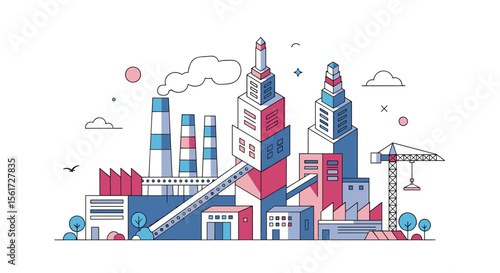 Modern Industrial Complex with Tall Structures and Smokestacks Under a Bright Sky