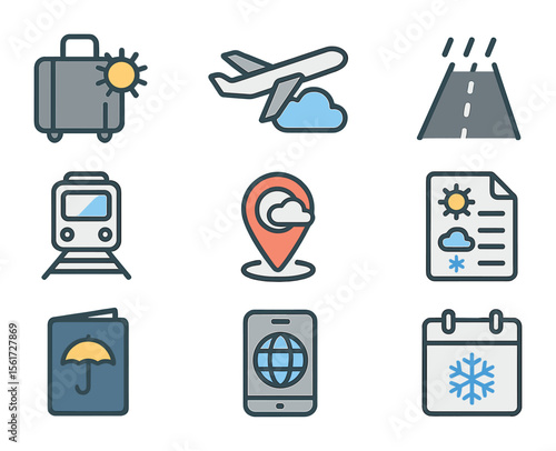 Travel Weather Icons. Flat icon set of travel weather check: suitcase with sun, flight with cloud icon, road