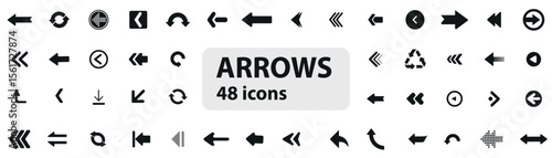 A comprehensive set of 48 vector arrow icons featuring minimalist design. Includes arrows pointing in multiple directions, styles, and shapes suitable for UI, web, and graphic design projects.