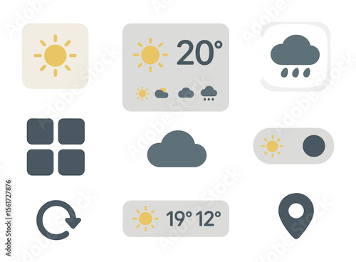 Weather Widget Set. Flat icon set of customizable weather widgets: minimal sun widget, large forecast panel,