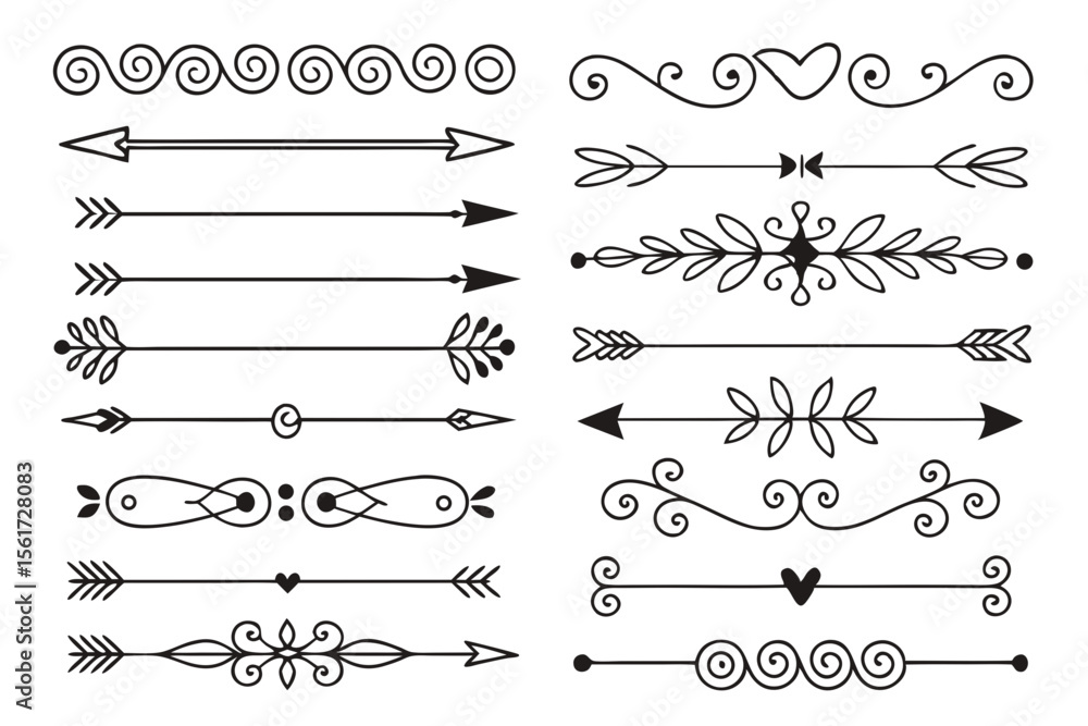 Fototapeta premium Hand-Drawn Divider Elements Featuring Swirls, Arrows, and Floral Motifs in Elegant Black Vector. Ornamental Vintage Borders for Layout Templates and Invitations.