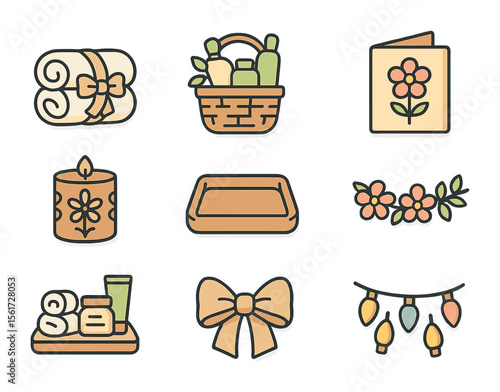 Spa Gift Icons. Flat icon set of spa gift and decor ideas: wrapped towel bundle, gift basket, greeting card,
