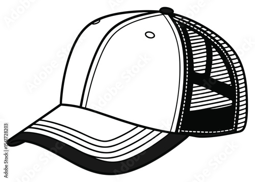 Baseball cap outline drawing, trucker hat design, fashion accessory template vector illustration
